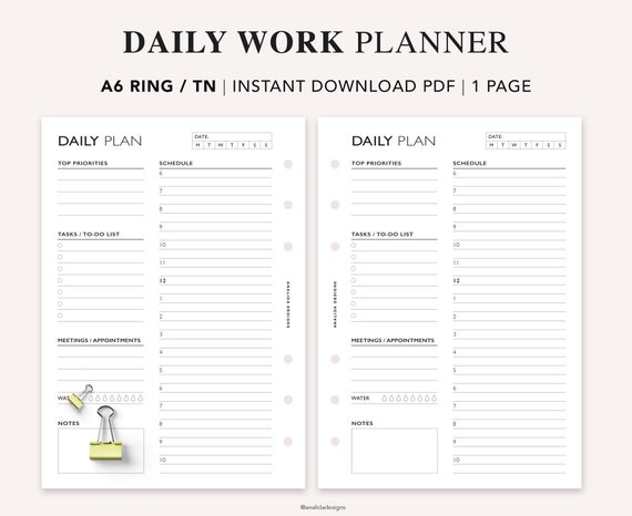A6 Daily Planner Printable Hourly Planner Daily Plan Work | Etsy