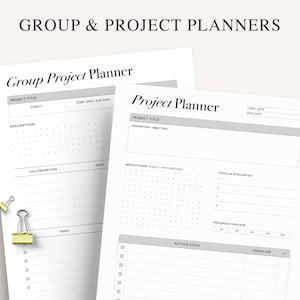 Peut inclure: Deux modèles de planificateur de projet imprimables. Le premier modèle est destiné aux projets de groupe et comprend des sections pour le titre du projet, le sujet, la date de début, la date d'échéance, la description, les collaborateurs, les rôles et les tâches. Le deuxième modèle est destiné aux projets individuels et comprend des sections pour le titre du projet, la description, les objectifs, le brainstorming d'idées, les outils et les ressources, le suivi des progrès, les étapes d'action et la date limite.