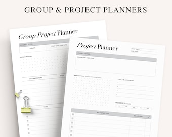 Könnte beinhalten: Zwei druckbare Projektplanvorlagen. Die erste Vorlage ist für Gruppenprojekte und enthält Abschnitte für Projekttitel, Fachgebiet, Startdatum, Fälligkeitstermin, Beschreibung, Mitarbeiter, Rollen und Aufgaben. Die zweite Vorlage ist für Einzelprojekte und enthält Abschnitte für Projekttitel, Beschreibung, Ziele, Brainstorming von Ideen, Werkzeuge und Ressourcen, Fortschrittsverfolgung, Aktionsschritte und Frist.