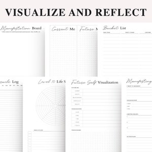 May include: A printable set of black and white worksheets for goal setting and self-reflection. The worksheets include sections for a manifestation board, bucket list, miracle log, level 10 life score, future self visualization, manifesting, and habits.