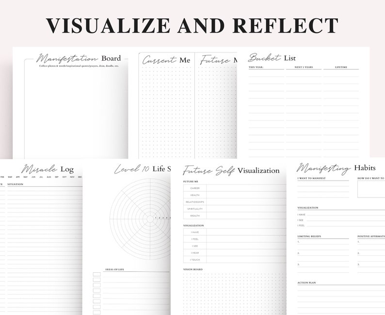 May include: A printable set of black and white worksheets for goal setting and self-reflection. The worksheets include sections for a manifestation board, bucket list, miracle log, level 10 life score, future self visualization, manifesting, and habits.