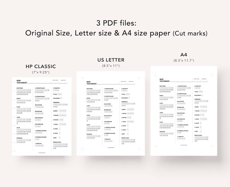 May include: Three printable PDF files for a New Testament Bible study tracker. The files are sized for HP Classic, US Letter, and A4 paper. Each page includes a list of New Testament books with spaces to check off each chapter as it is read.