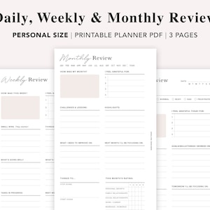 May include: A printable planner with daily, weekly, and monthly review pages. The pages include sections for reflection, goal setting, and tracking progress. The planner is designed in a minimalist style with a neutral color palette.
