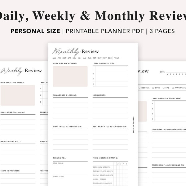 PERSONAL Daily Reflections, Weekly Reflection Journal, Monthly Review Worksheet, Gratitude journal, Weekly Review, Personal size insert, PDF