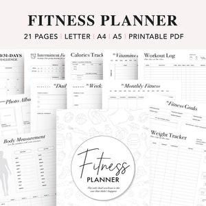May include: A black and white printable fitness planner with 21 pages. The planner includes pages for tracking calories, vitamins, workouts, monthly fitness goals, weight, and body measurements. The cover features a circle with the text "Fitness Planner" and the quote "The only bad workout is the one that didn't happen."