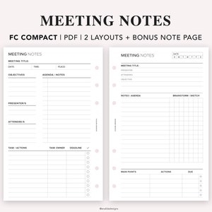 Può includere: Due pagine stampabili per le note di riunione. La pagina sinistra contiene sezioni per il titolo della riunione, la data, l'ora, il luogo, gli obiettivi, il relatore, i partecipanti, il compito, le azioni, il responsabile del compito e la scadenza. La pagina destra contiene sezioni per il titolo della riunione, la data, il relatore, i partecipanti, l'obiettivo, le note, l'agenda, il brainstorming, lo schizzo, i punti principali, le azioni e la scadenza.