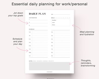 Undated Daily Planner Printable: Hourly Schedule, To-Do List (Letter, A4, A5) (Digital Download)