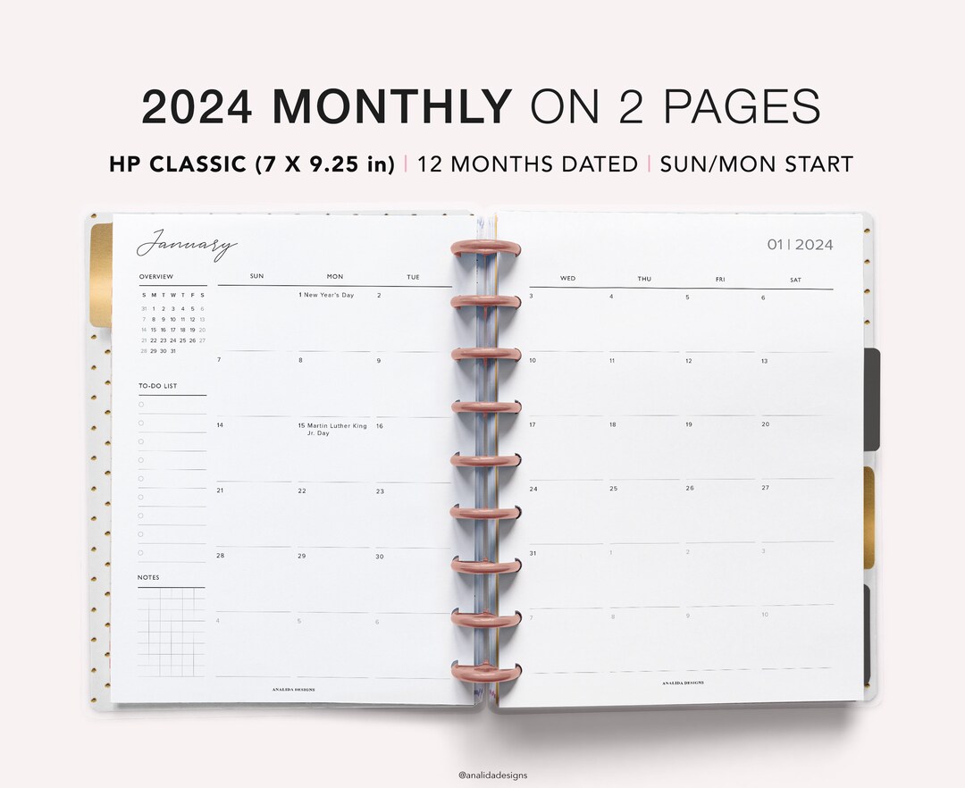 2024 Dated Monthly Calendar Happy Planner Printable, Month on Two Pages ...