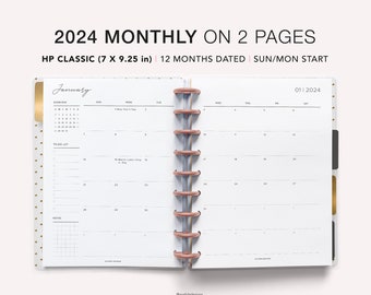 2024 Dated Monthly Calendar Happy Planner Printable, Month on Two Pages, Monthly Calendar, Monthly Template, MO2P, HP classic inserts