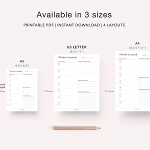 Pode incluir: Planeador de gratid&atilde;o semanal imprim&iacute;vel em tr&ecirc;s tamanhos: A5 (14,8 cm x 21 cm), A4 (21 cm x 29,7 cm) e US Letter (21,6 cm x 27,9 cm).