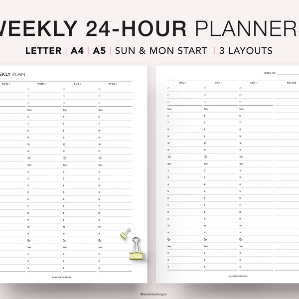 24 Hour Weekly Schedule on 2 Pages, Week At a Glance, Weekly Agenda, Weekly Planner, Time Blocking Template, Weekly To Do List, A5/A4/Letter