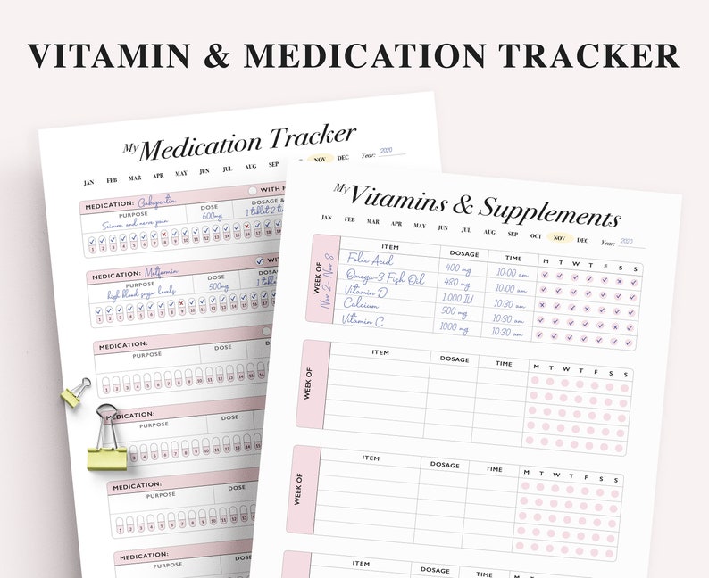 Medication Tracker, Vitamin Supplement Tracker, Health Log, Supplement Organizer, Medication Log, Vitamins Log, Health Tracker, Letter Size image 1