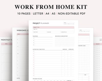 Puede incluir: Un kit de trabajo desde casa imprimible con 10 páginas, que incluye un planificador de proyectos, un horario semanal y una lista de prioridades. Las páginas están diseñadas en un estilo minimalista con un color de acento rosa claro.