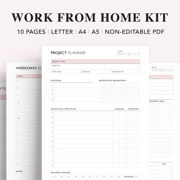 Work from Home Printable, Business Planner, To-Do List Template, Remote Work, Project Planner, Time Management Log, A5 Planner Inserts, PDF