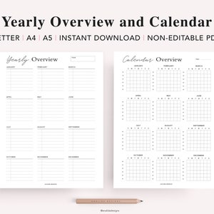 May include: A printable PDF document with a yearly overview and calendar. The document is divided into two sections. The left section is a yearly overview with space to write notes for each month. The right section is a calendar with a grid for each month.