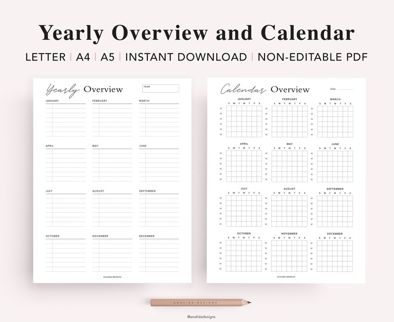May include: A printable PDF document with a yearly overview and calendar. The document is divided into two sections. The left section is a yearly overview with space to write notes for each month. The right section is a calendar with a grid for each month.