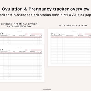 K&ouml;nnte beinhalten: Druckbarer Ovulations- und Schwangerschafts-Tracker im Querformat. Der Tracker enth&auml;lt Abschnitte f&uuml;r die LH-Verfolgung ab Tag 1 der Periode bis zum Ovulationstag und die HCG-Schwangerschaftsverfolgung. Der Tracker ist f&uuml;r die Verwendung mit Papier im Format A4 und A5 konzipiert.