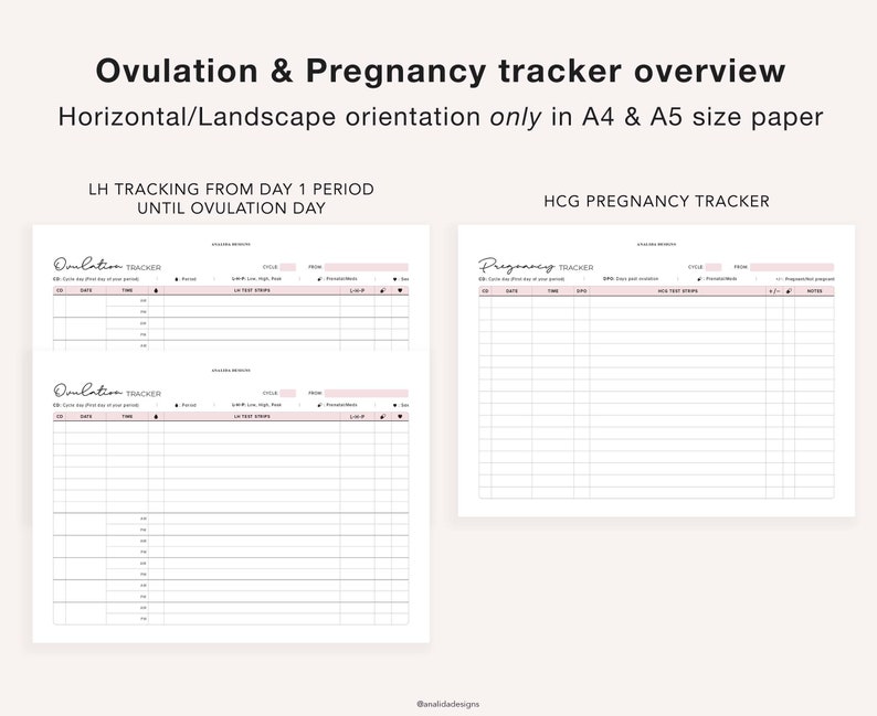 K&ouml;nnte beinhalten: Druckbarer Ovulations- und Schwangerschafts-Tracker im Querformat. Der Tracker enth&auml;lt Abschnitte f&uuml;r die LH-Verfolgung ab Tag 1 der Periode bis zum Ovulationstag und die HCG-Schwangerschaftsverfolgung. Der Tracker ist f&uuml;r die Verwendung mit Papier im Format A4 und A5 konzipiert.