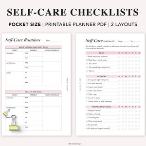 May include: Two printable self-care checklists in a pocket size format. The checklists are divided into three categories: Basic, Physical, and Mental/Emotional. Each category has a list of self-care tasks to complete, with checkboxes for each day of the week.
