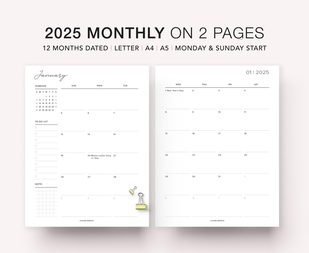 2025 Dated Monthly Calendar Printable Planner Inserts, Month on Two ...