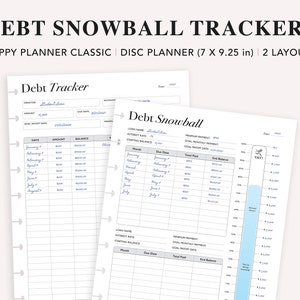 May include: Two printable debt tracker worksheets for Happy Planner Classic and Disc Planner. The worksheets include a debt tracker and a debt snowball tracker. The debt tracker has columns for creditor, due date, amount, and balance. The debt snowball tracker has columns for month, due date, total paid, and end balance. The worksheets are designed to help you track your debt and create a plan to pay it off.