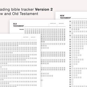 May include: A printable Bible reading tracker for the New and Old Testaments. The tracker is designed to help you keep track of your daily Bible reading. It includes a list of all the books in the Bible, with spaces to mark off each chapter as you read it.