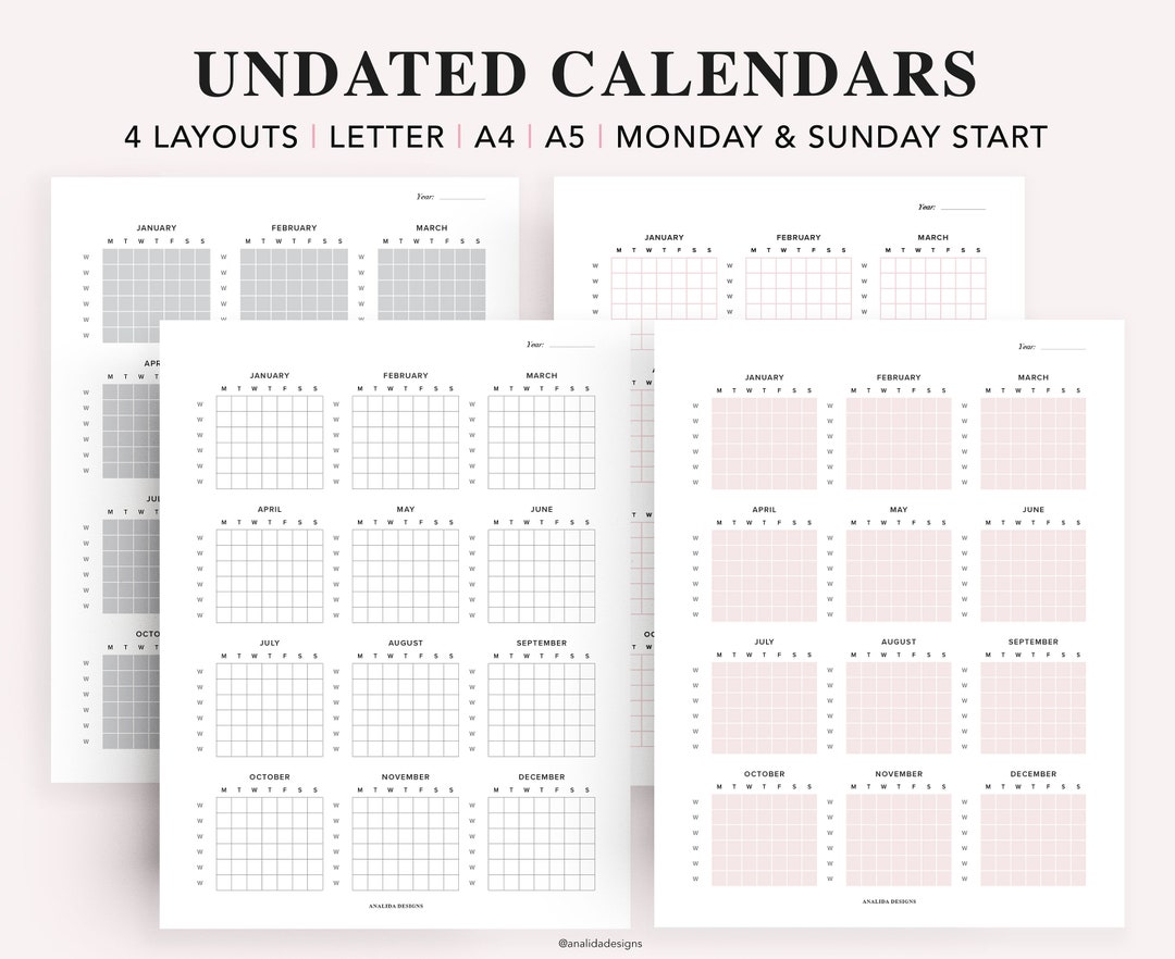 Calendar Printable Undated, Yearly Calendar, Annual Calendar, Yearly