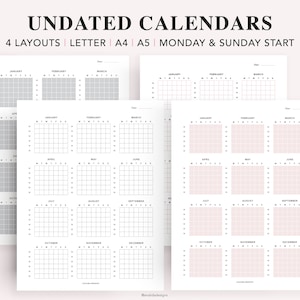 Calendar Printable Undated, Yearly Calendar, Annual Calendar, Yearly Overview, Minimalist Calendar, One Page Calendar, A5 Planner Insert