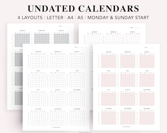 Calendar Printable Undated, Yearly Calendar, Annual Calendar, Yearly Overview, Minimalist Calendar, One Page Calendar, A5 Planner Insert