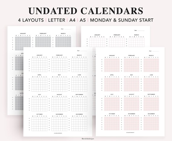 Undated Yearly Calendar Printable: Minimalist A5 Planner (PDF Download)