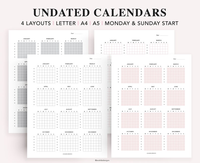 Puede incluir: Cuatro dise&ntilde;os de calendarios imprimibles sin fecha en blanco y negro con un fondo rosa claro. Los calendarios est&aacute;n dise&ntilde;ados para los tama&ntilde;os carta, A4 y A5 y se pueden usar con un inicio de semana el lunes o el domingo.