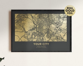 Real gold foil print of United kingdom wall art decor framed poster personalized artwork map gifts for friends BIRMINGHAM city map print