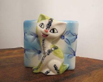 VTG Baby planter with Siamese cat, blue