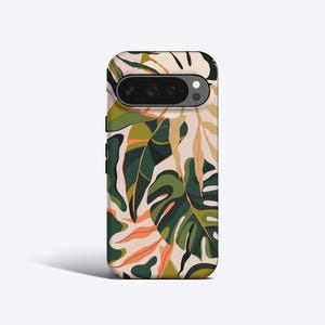 Può includere: Custodia per telefono con un motivo di foglie tropicali nei toni del verde, arancione e beige. Il design include grandi foglie di monstera e altri fogliami stilizzati, creando un'estetica vibrante e naturale.