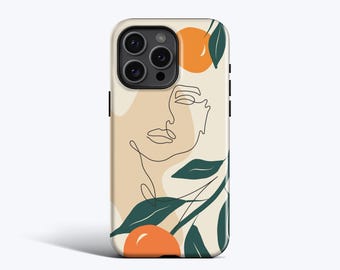 May include: A smartphone case featuring a cream-colored background with a continuous black line drawing of a face. The design includes orange citrus fruits and dark green leaves scattered across the surface, surrounding the camera lens cutout.