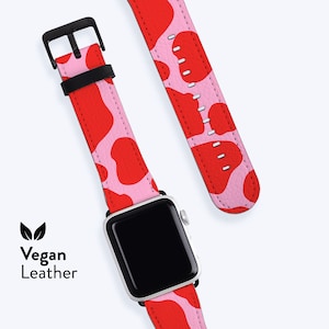 Uhrenarmband Kuh Print ROT | Für Apple Band, Vegan H21 Lederband, Erhältlich für Apple Uhrenserien 1, 2, 3, 4, 5, 6, 7, 8, 9, 10