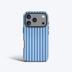 May include: A blue and light blue striped phone case with a camera module. The case has a built-in card holder on the side. The case is designed to protect the phone from scratches and damage.