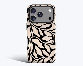 Vine Leaves Black Phone Case - Cream Matisse Design | For iPhone 17 Pro, 16e, 15, 14 Plus, 13 Mini, 12, 11 - MagSafe Option