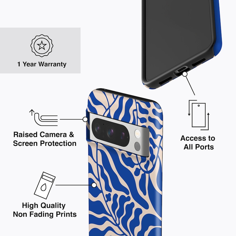 The image is a collage of various images related to a phone case, including a close-up of the case, a phone, and a camera. The text highlights the features of the phone case, such as a raised camera and screen protection, high quality non fading prints, and access to all ports.