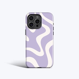 May include: A smartphone case featuring a lavender base with a white, flowing, wavy design. The case has a glossy finish and a camera aperture. The case is designed to fit a mobile phone.