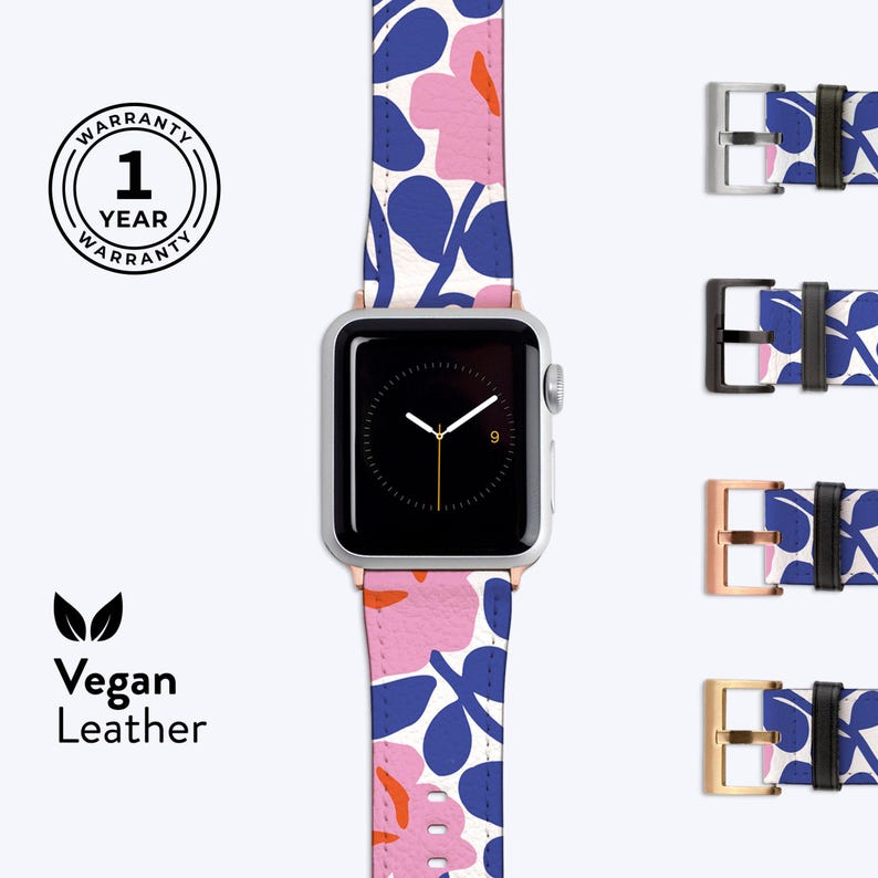 BLUE FLORAL Watch Strap - For Apple Series 1, 2, 3, 4, 5, 6, 7, 8, 9, 10, 11 SE Vegan Leather Band image 2