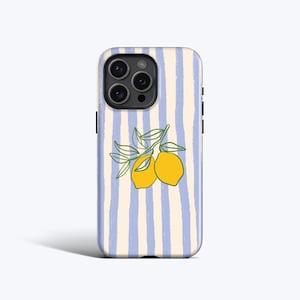 ZITRONEN UND STREIFEN Handyhülle | Passend für iPhone 16 Pro Max, 16e, 15 Plus, 14 Pro, 13 Mini, 12, 11 - Italian Summer Print in Blau, MagSafe Option
