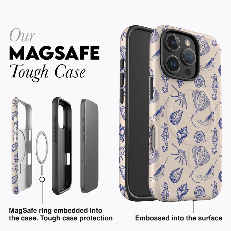 SEA CREATURES Blue Phone Case | For iPhone 16 Pro Max Case, iPhone 15 Pro Case, iPhone 14 Pro Case, MagSafe, Seashells, Seahorse, Case image 5