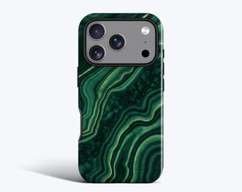 May include: A smartphone case featuring a deep forest green and black marbled pattern with thin, flowing gold-coloured veins. The case has a rectangular camera cutout at the top, revealing a triple-lens camera system and a circular flash component.