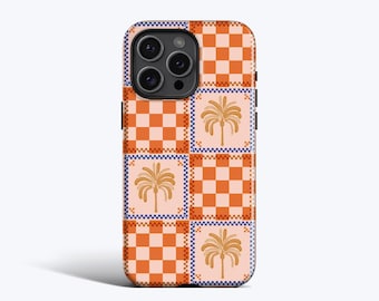 Funda con estampado de palmeras a cuadros naranjas / Para iPhone 15 Pro Max, iPhone 14, iPhone 12, iPhone 11, todos los modelos, estampado de palmeras, festivo