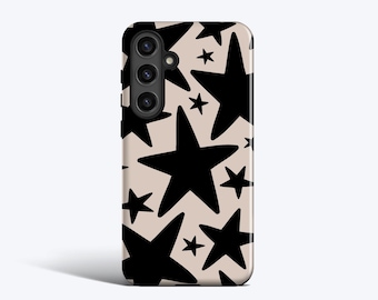May include: A phone case with a beige background and a repeating pattern of black stars in various sizes. The case has a camera module on the upper left side.