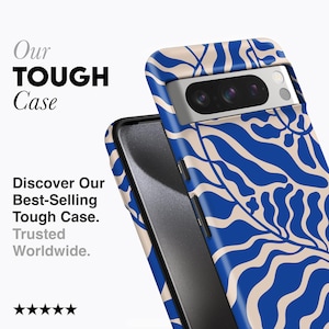 a smartphone case with a blue and white zebra print design. The case appears to be a tough case, as indicated by the text "Our Tough Case" and "Discover Our Best-Selling Tough Case. Trusted Worldwide." The case is shown in two different angles, highlighting its design and features.