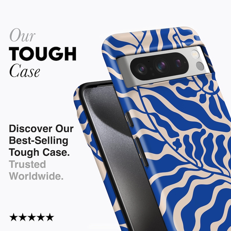 a smartphone case with a blue and white zebra print design. The case appears to be a tough case, as indicated by the text "Our Tough Case" and "Discover Our Best-Selling Tough Case. Trusted Worldwide." The case is shown in two different angles, highlighting its design and features.