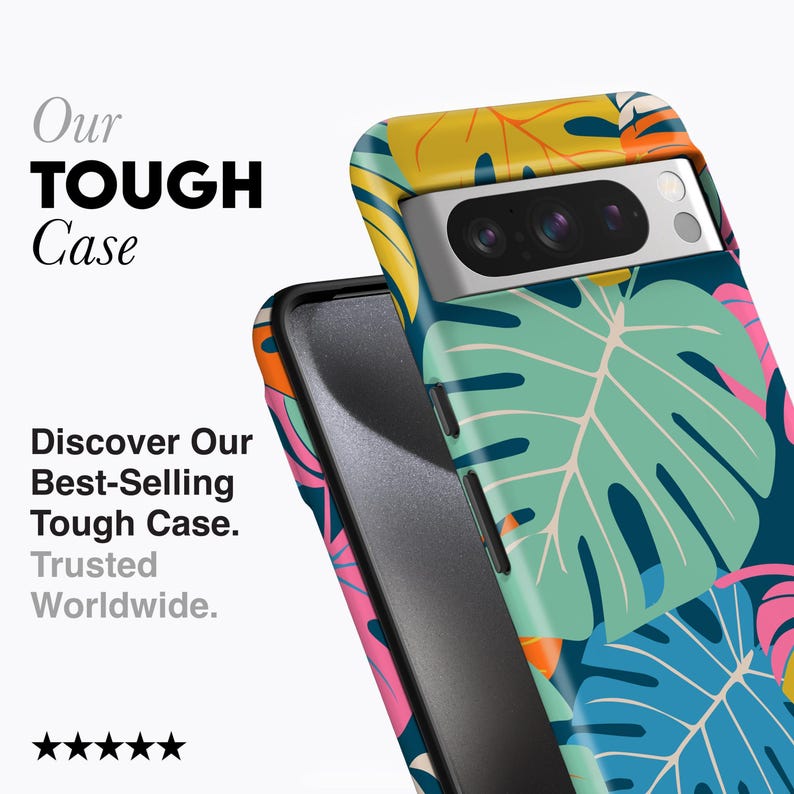 BRIGHT PALMS Phone Case, For Pixel 9 Pro Case, Pixel 8a Case, Pixel 7 Case, Pixel 6 Case, Pixel 5 Case, Large Tropical Leaves, Colourful image 2