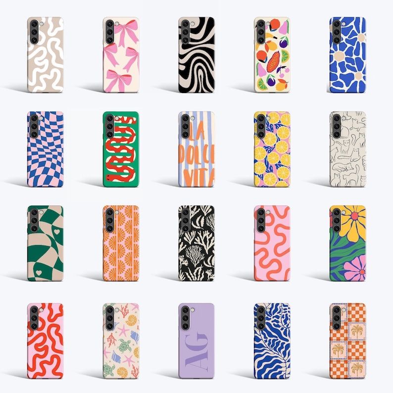 a bunch of cell phones with different designs on them